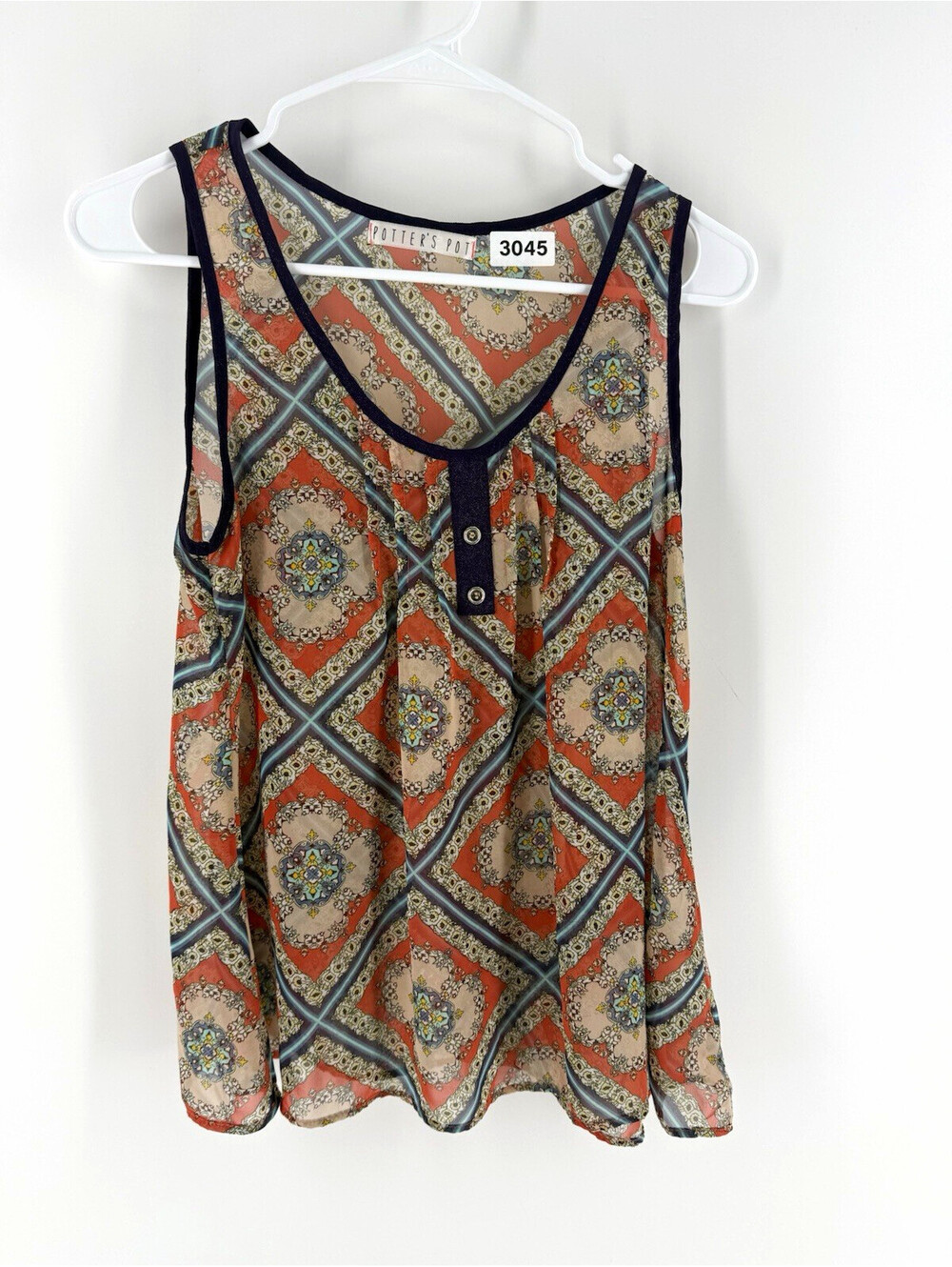 Potter's Pot Women's S Chiffon Polyester Tank Top Multicolor Geometric Button